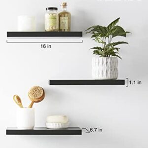 BAYKA Floating Shelves, Wall Mounted Rustic Wood Shelves for Bathroom, Bedroom, Living Room, Kitchen, Small Hanging Shelf for Books/Storage/Room Decor with 22lbs Capacity (Black, Set of 3, 16in)