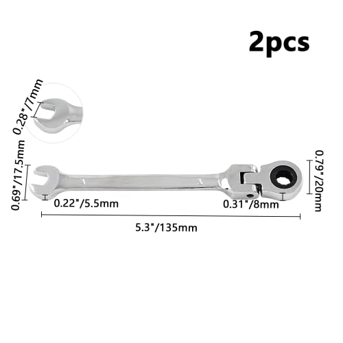 Rierdge 7mm 12 Point Flex Head Ratcheting Wrench, Metric Ratchet Wrench Set with 72 Teeth & 5°Movement for Tight Space, 2 PCS