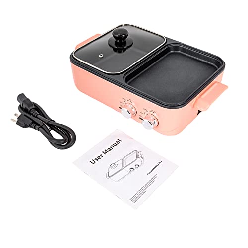 TFCFL Electric Grill and Hot Pot, 2 in 1 Non-Stick Barbecue Hot Pot Grill with Dual Temp Control, 1200-1500W, 2L, Mini Smokeless Korean BBQ/Shabu (Pink)