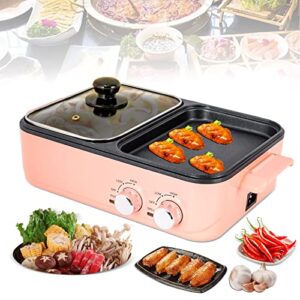 tfcfl electric grill and hot pot, 2 in 1 non-stick barbecue hot pot grill with dual temp control, 1200-1500w, 2l, mini smokeless korean bbq/shabu (pink)
