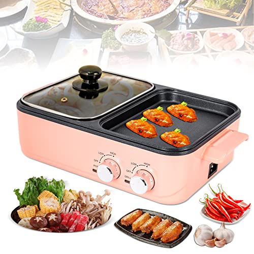 TFCFL Electric Grill and Hot Pot, 2 in 1 Non-Stick Barbecue Hot Pot Grill with Dual Temp Control, 1200-1500W, 2L, Mini Smokeless Korean BBQ/Shabu (Pink)