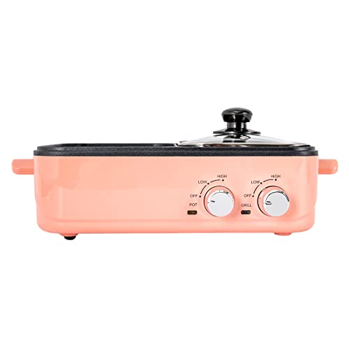 TFCFL Electric Grill and Hot Pot, 2 in 1 Non-Stick Barbecue Hot Pot Grill with Dual Temp Control, 1200-1500W, 2L, Mini Smokeless Korean BBQ/Shabu (Pink)