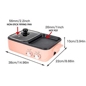 TFCFL Electric Grill and Hot Pot, 2 in 1 Non-Stick Barbecue Hot Pot Grill with Dual Temp Control, 1200-1500W, 2L, Mini Smokeless Korean BBQ/Shabu (Pink)