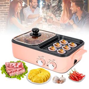 TFCFL Electric Grill and Hot Pot, 2 in 1 Non-Stick Barbecue Hot Pot Grill with Dual Temp Control, 1200-1500W, 2L, Mini Smokeless Korean BBQ/Shabu (Pink)