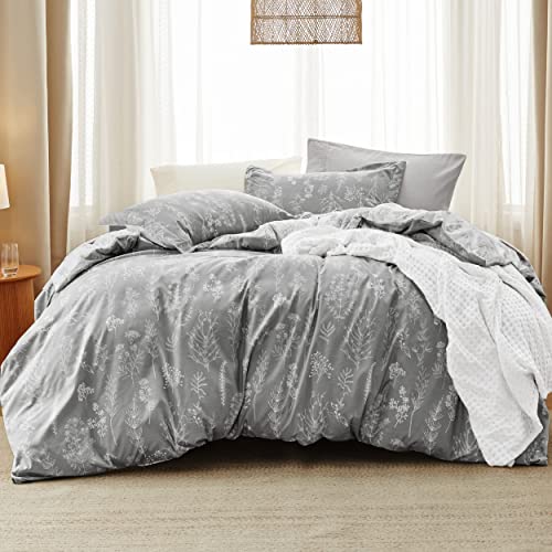 Bedsure California King Comforter Set - Grey Comforter, Cal King Bed Set, Cute Floral Cali King Bedding Set, 3 Pieces, 1 Soft Reversible Botanical Flowers Comforter and 2 Pillow Shams