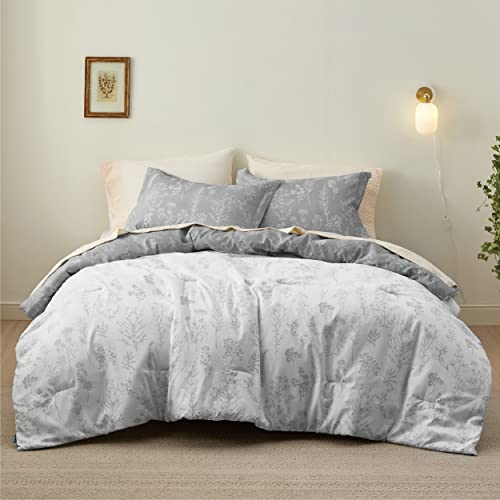 Bedsure California King Comforter Set - Grey Comforter, Cal King Bed Set, Cute Floral Cali King Bedding Set, 3 Pieces, 1 Soft Reversible Botanical Flowers Comforter and 2 Pillow Shams