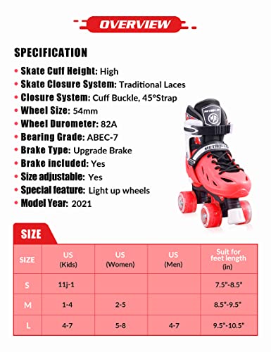 METROLLER Roller Skates for Girls and Boys Teens, Adjustable 4 Sizes for Kids Toddler Rollerskates with Light up Wheels, for Youth Women and Men