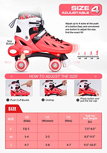 METROLLER Roller Skates for Girls and Boys Teens, Adjustable 4 Sizes for Kids Toddler Rollerskates with Light up Wheels, for Youth Women and Men