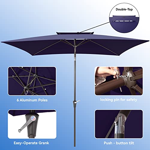 Pakarde 6.6x10ft Rectangle Patio Umbrellas 2 Tiers Outdoor Table Umbrella with Push Button Tilt and Crank for Pool, Backyard, Deck, Picnic, Yard