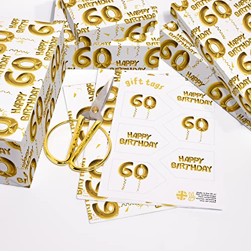 CENTRAL 23 Gold Wrapping Paper - Dad Birthday Wrapping Paper - 6 Sheets of Gift Wrap and Tags - 60th Birthday Wrapping Paper for Mom - Age 60 Sixty - White - For Men and Women