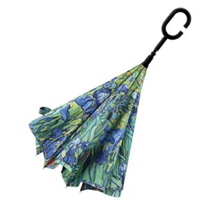 RainCaper Reverse Inverted (inside-out) Windproof van Gogh Irises Designer Print Reverse-opening Upside Down Umbrella with C-shaped Handsfree Handle