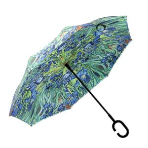 RainCaper Reverse Inverted (inside-out) Windproof van Gogh Irises Designer Print Reverse-opening Upside Down Umbrella with C-shaped Handsfree Handle