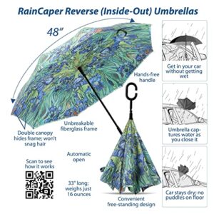 RainCaper Reverse Inverted (inside-out) Windproof van Gogh Irises Designer Print Reverse-opening Upside Down Umbrella with C-shaped Handsfree Handle