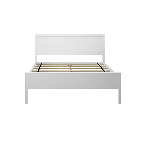 Plank+Beam Solid Wood Full Bed Frame with Panel Headboard, Modern Full Platform Bed with Wood Slat Support, No Box Spring Needed, White
