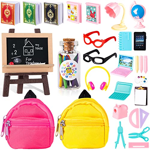 30Pcs Mini School Supplies, Doll School Supplies Includes Mini Doll Backpack Laptops Glasses Blackboard Mini Book Palette Paper Ruler Scissors Calculator for Dolls Accessories Set