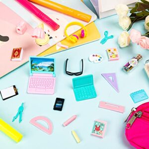 30Pcs Mini School Supplies, Doll School Supplies Includes Mini Doll Backpack Laptops Glasses Blackboard Mini Book Palette Paper Ruler Scissors Calculator for Dolls Accessories Set