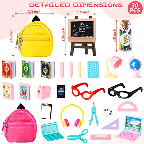 30Pcs Mini School Supplies, Doll School Supplies Includes Mini Doll Backpack Laptops Glasses Blackboard Mini Book Palette Paper Ruler Scissors Calculator for Dolls Accessories Set