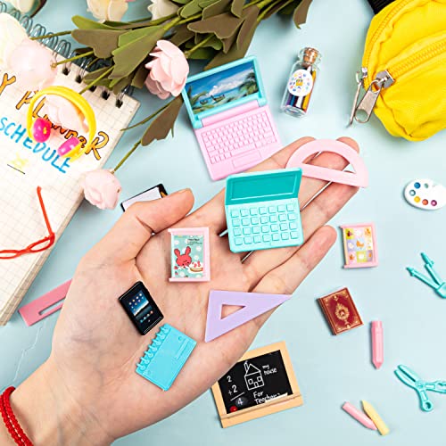 30Pcs Mini School Supplies, Doll School Supplies Includes Mini Doll Backpack Laptops Glasses Blackboard Mini Book Palette Paper Ruler Scissors Calculator for Dolls Accessories Set