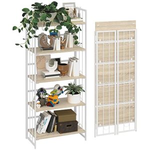 4nm no-assembly 5 tiers folding bookshelf storage shelves vintage bookcase standing racks study organizer home office - natural and white