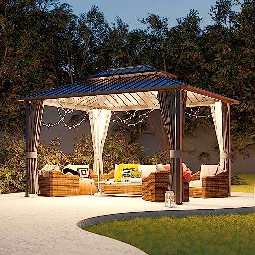 VEIKOU 12' X 14' Hardtop Gazebo, Patio Gazebo w/Double Roof & Aluminum Frame, Heavy Duty Gazebos and Pergolas w/Netting and Curtains for Garden, Deck, Backyard