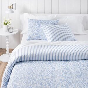 martha stewart avery medallion duvet cover queen size, 3 piece set - 1 duvet cover, 2 pillow shams, cotton-percale, soft, reversible, easy to wash, all season, 90x92 inches with button closure, blue