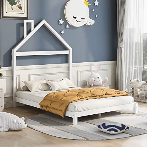 Lifeand Full Size Wood Platform Bed with House-Shaped Headboard for Kids Teens,No Box Spring Required,White