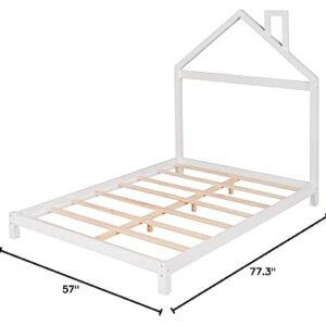 Lifeand Full Size Wood Platform Bed with House-Shaped Headboard for Kids Teens,No Box Spring Required,White