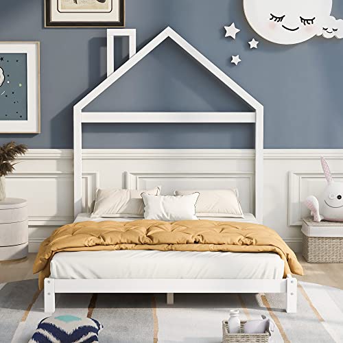 Lifeand Full Size Wood Platform Bed with House-Shaped Headboard for Kids Teens,No Box Spring Required,White