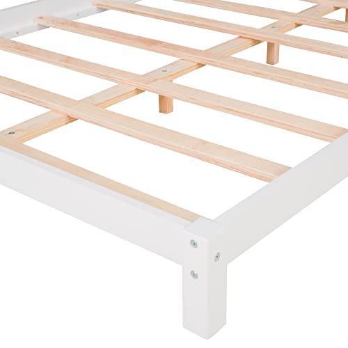 Lifeand Full Size Wood Platform Bed with House-Shaped Headboard for Kids Teens,No Box Spring Required,White