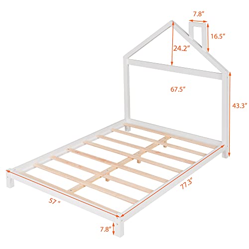 Lifeand Full Size Wood Platform Bed with House-Shaped Headboard for Kids Teens,No Box Spring Required,White