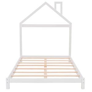 Lifeand Full Size Wood Platform Bed with House-Shaped Headboard for Kids Teens,No Box Spring Required,White