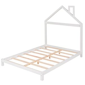 Lifeand Full Size Wood Platform Bed with House-Shaped Headboard for Kids Teens,No Box Spring Required,White