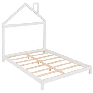 Lifeand Full Size Wood Platform Bed with House-Shaped Headboard for Kids Teens,No Box Spring Required,White