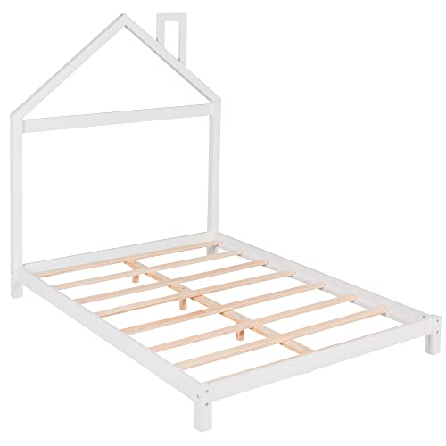 Lifeand Full Size Wood Platform Bed with House-Shaped Headboard for Kids Teens,No Box Spring Required,White