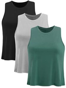 ridshy crop tops for women workout muscle tank top cropped loose flowy tank tops yoga sleeveless exercise shirts athletic tanks tennis activewear tops gym clothes 3 pack black/gray/army green m