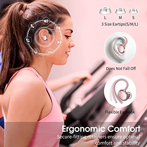 Wireless Earbuds, HiFi Stereo Sport Bluetooth 5.3 Headphones with Earhooks, 48H Deep Bass in-Ear Headphones with LED Display, Noise Cancelling, IP7 Waterproof Earphones Built-in Mic for Running (Rose)