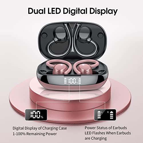 Wireless Earbuds, HiFi Stereo Sport Bluetooth 5.3 Headphones with Earhooks, 48H Deep Bass in-Ear Headphones with LED Display, Noise Cancelling, IP7 Waterproof Earphones Built-in Mic for Running (Rose)