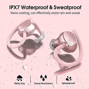 Wireless Earbuds, HiFi Stereo Sport Bluetooth 5.3 Headphones with Earhooks, 48H Deep Bass in-Ear Headphones with LED Display, Noise Cancelling, IP7 Waterproof Earphones Built-in Mic for Running (Rose)