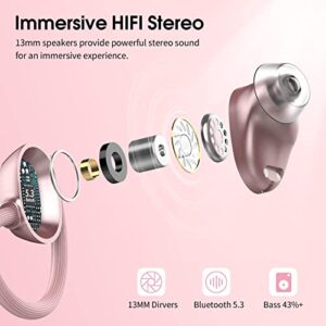 Wireless Earbuds, HiFi Stereo Sport Bluetooth 5.3 Headphones with Earhooks, 48H Deep Bass in-Ear Headphones with LED Display, Noise Cancelling, IP7 Waterproof Earphones Built-in Mic for Running (Rose)