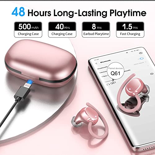 Wireless Earbuds, HiFi Stereo Sport Bluetooth 5.3 Headphones with Earhooks, 48H Deep Bass in-Ear Headphones with LED Display, Noise Cancelling, IP7 Waterproof Earphones Built-in Mic for Running (Rose)