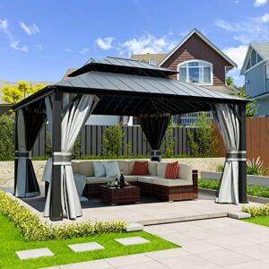 amopatio 12' x 14' hardtop gazebo permanent aluminum gazebos with galvanized steel double roof for patio lawn and garden,included curtains & mosquito netting,grey