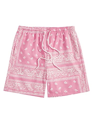 SOLY HUX Men's Cartoon Print Elastic High Waisted Casual Summer Shorts Pink and White M
