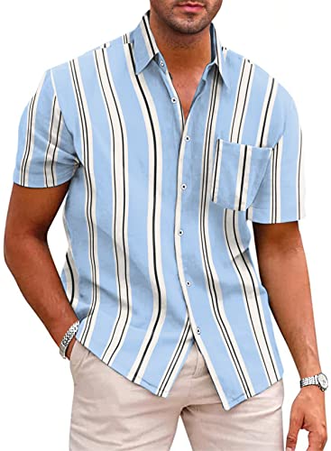 JMIERR Men's Hawaiian Striped Shirts Summer Casual Short Sleeve Button Down Beach Shirt with Pocket for Men, US 43(L), A2 Blue