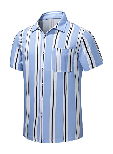 JMIERR Men's Hawaiian Striped Shirts Summer Casual Short Sleeve Button Down Beach Shirt with Pocket for Men, US 43(L), A2 Blue