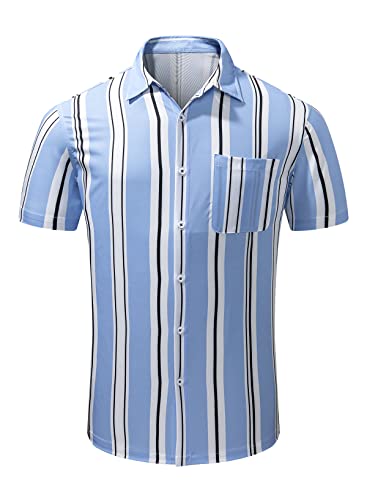 JMIERR Men's Hawaiian Striped Shirts Summer Casual Short Sleeve Button Down Beach Shirt with Pocket for Men, US 43(L), A2 Blue