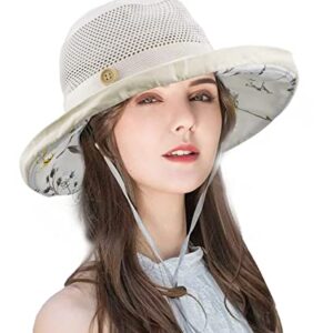 Mesh Sun Hats Women's Foldable Fishing Hat Wide Brim Summer Outdoor UV Protection Beach Bucket Cap with Chin Strap Beige