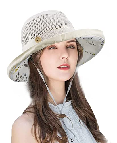 Mesh Sun Hats Women's Foldable Fishing Hat Wide Brim Summer Outdoor UV Protection Beach Bucket Cap with Chin Strap Beige