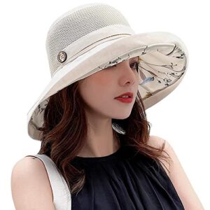 mesh sun hats women's foldable fishing hat wide brim summer outdoor uv protection beach bucket cap with chin strap beige