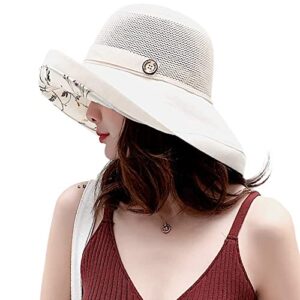 Mesh Sun Hats Women's Foldable Fishing Hat Wide Brim Summer Outdoor UV Protection Beach Bucket Cap with Chin Strap Beige