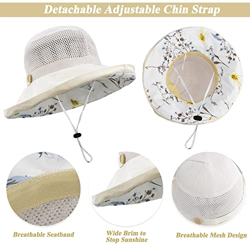 Mesh Sun Hats Women's Foldable Fishing Hat Wide Brim Summer Outdoor UV Protection Beach Bucket Cap with Chin Strap Beige